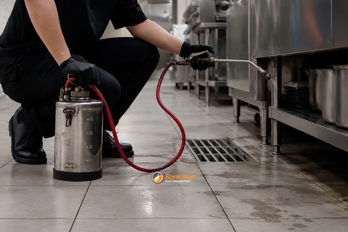 Technician spraying beneath stainless steel counters in a commercial kitchen